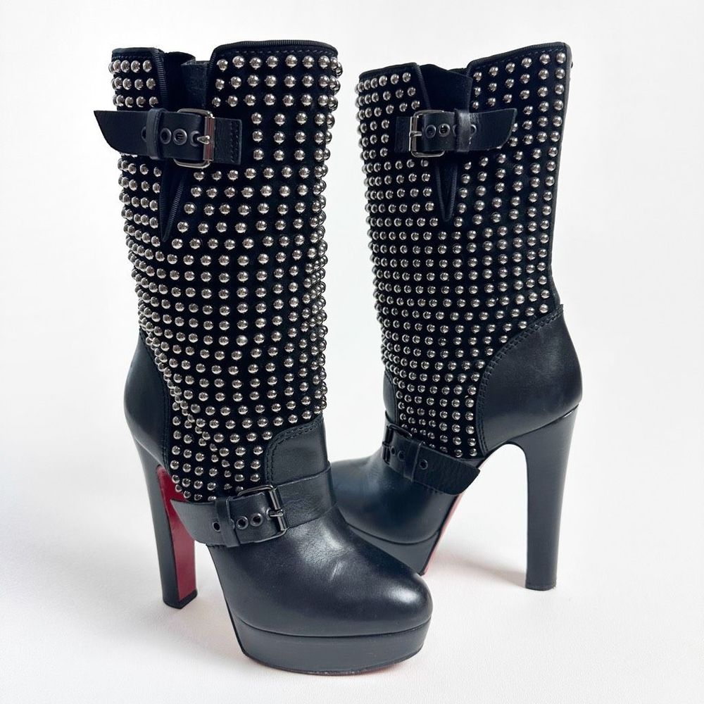 CHRISTIAN LOUBOUTIN Marisa Platform Boots Black 38 US 7.5 Leather Bootie Studded